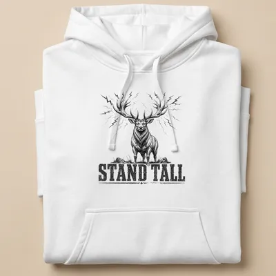 Vintage stag design with the text 'STAND TALL' in black and white — printed on a unisex hoodie