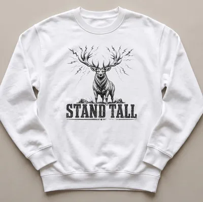 Vintage stag design with the text 'STAND TALL' in black and white — printed on a unisex sweatshirt
