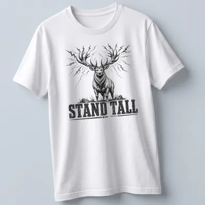Vintage stag design with the text 'STAND TALL' in black and white
