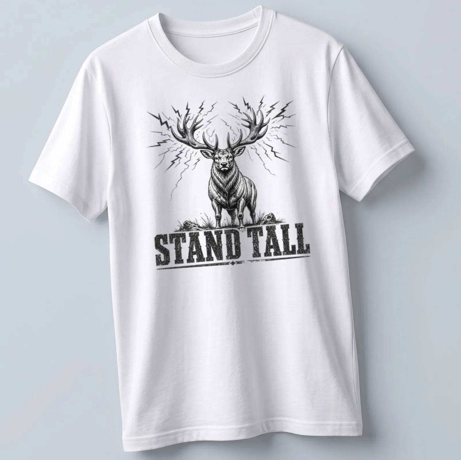 Vintage stag design with the text 'STAND TALL' in black and white — printed on a unisex t-shirt