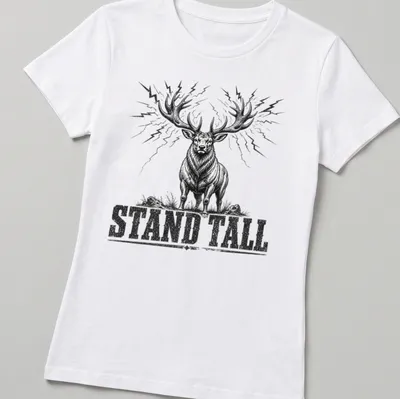 Vintage stag design with the text 'STAND TALL' in black and white — printed on a women's shirt