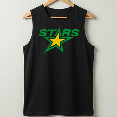 Bold graphic of a green star with the text STARS in large letters — printed on a tank top
