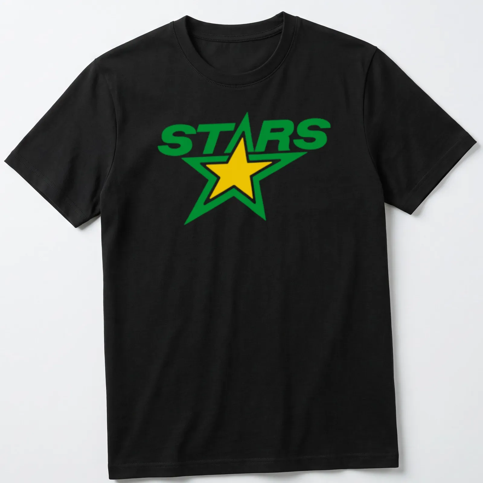Bold graphic of a green star with the text STARS in large letters — printed on a unisex t-shirt