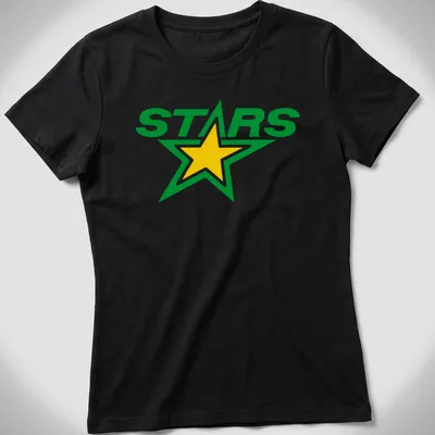 Bold graphic of a green star with the text STARS in large letters — printed on a women's shirt