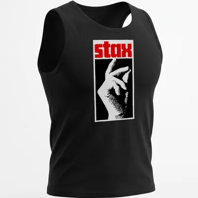Vintage record label shirt with stax text and hand gesture illustration — printed on a tank top