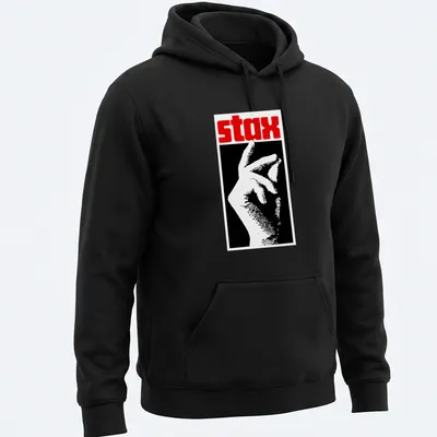 Vintage record label shirt with stax text and hand gesture illustration — printed on a unisex hoodie