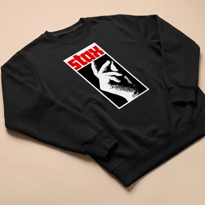 Vintage record label shirt with stax text and hand gesture illustration — printed on a unisex sweatshirt