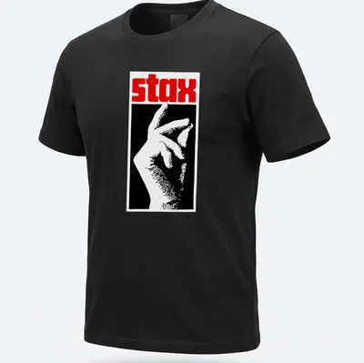 Vintage record label shirt with stax text and hand gesture illustration