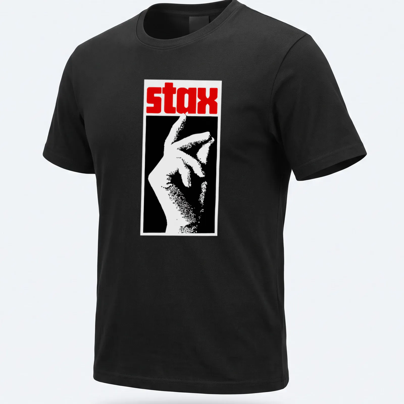 Vintage record label shirt with stax text and hand gesture illustration — printed on a unisex t-shirt