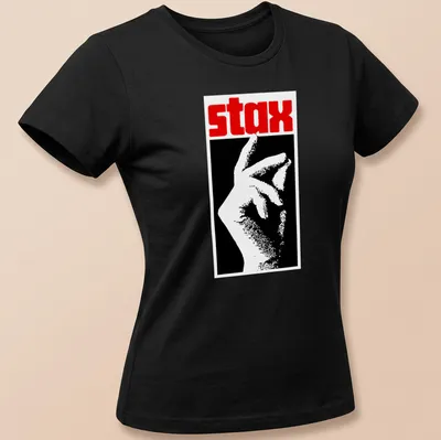 Vintage record label shirt with stax text and hand gesture illustration — printed on a women's shirt