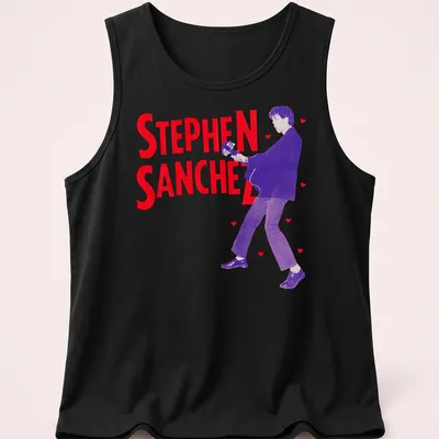 Retro tee featuring Stephen Sanchez with guitar in red, purple, and white — printed on a tank top