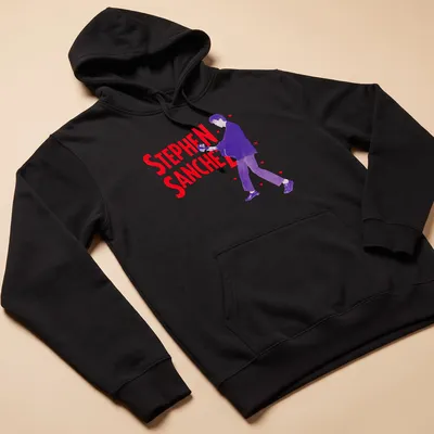 Retro tee featuring Stephen Sanchez with guitar in red, purple, and white — printed on a unisex hoodie