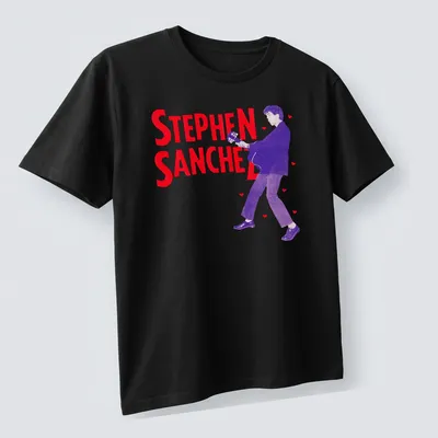 Retro tee featuring Stephen Sanchez with guitar in red, purple, and white — printed on a unisex t-shirt (angled view)