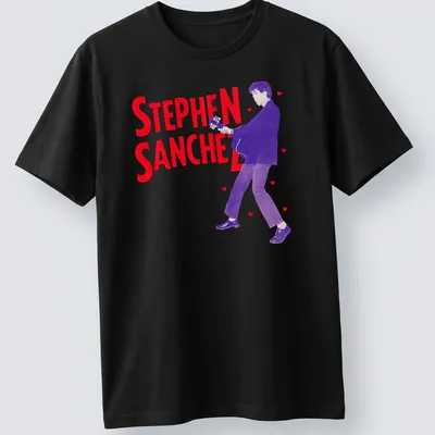 Retro tee featuring Stephen Sanchez with guitar in red, purple, and white — printed on a unisex t-shirt