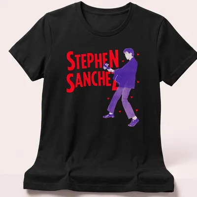 Retro tee featuring Stephen Sanchez with guitar in red, purple, and white — printed on a women's shirt