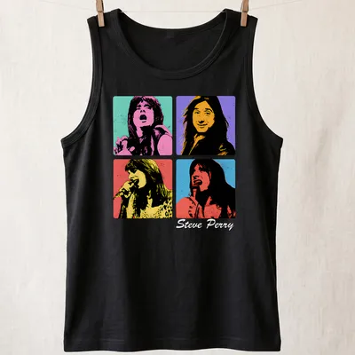 Steve Perry pop art T-shirt featuring colorful lettering — printed on a tank top