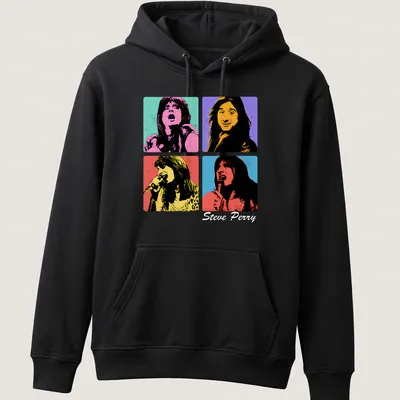 Steve Perry pop art T-shirt featuring colorful lettering — printed on a unisex hoodie