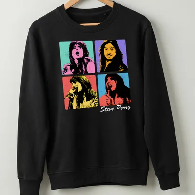 Steve Perry pop art T-shirt featuring colorful lettering — printed on a unisex sweatshirt