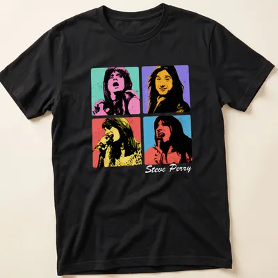 Steve Perry pop art T-shirt featuring colorful lettering — printed on a unisex t-shirt