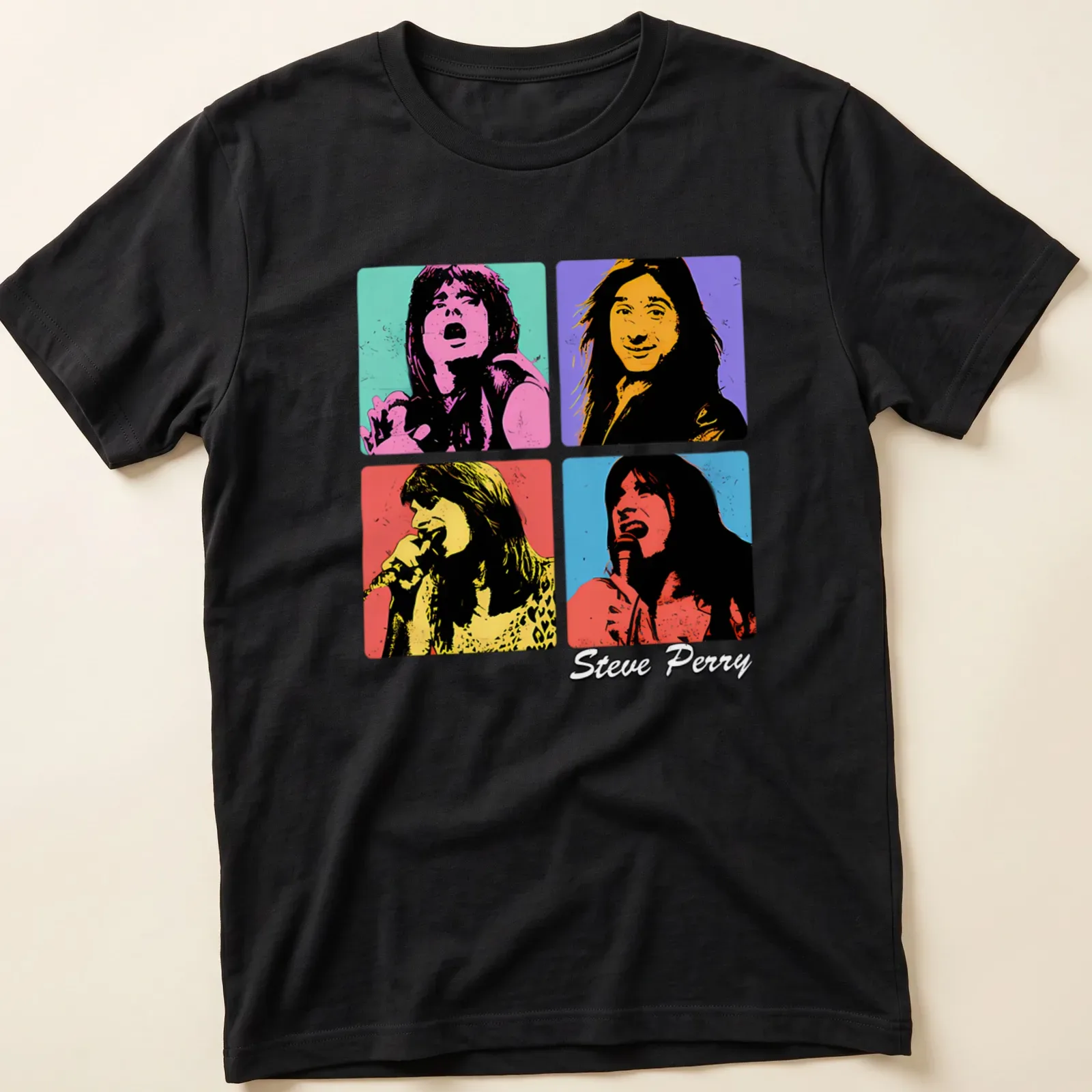 Steve Perry pop art T-shirt featuring colorful lettering — printed on a unisex t-shirt