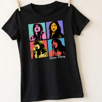Steve Perry pop art T-shirt featuring colorful lettering — printed on a women's shirt