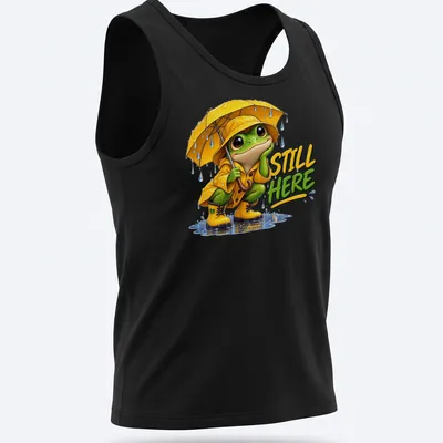 Colorful cartoon frog in a yellow raincoat with an umbrella and text 'STILL HERE' — printed on a tank top