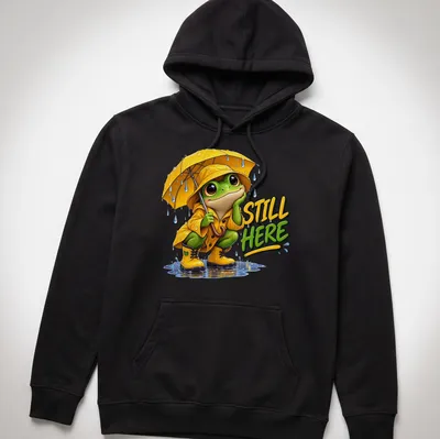 Colorful cartoon frog in a yellow raincoat with an umbrella and text 'STILL HERE' — printed on a unisex hoodie