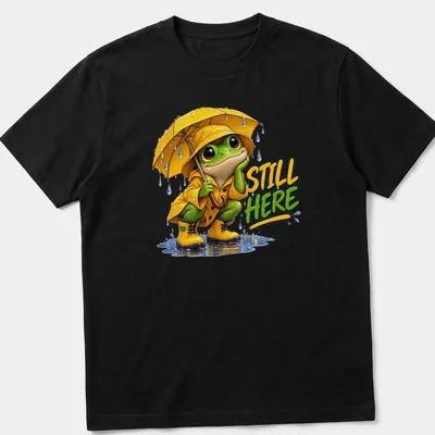 Colorful cartoon frog in a yellow raincoat with an umbrella and text 'STILL HERE'