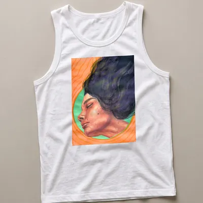 Watercolor portrait of a surreal woman with the word 'Stillness' in orange and green hues. — printed on a tank top