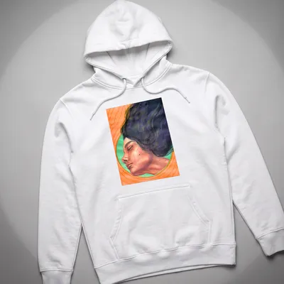 Watercolor portrait of a surreal woman with the word 'Stillness' in orange and green hues. — printed on a unisex hoodie