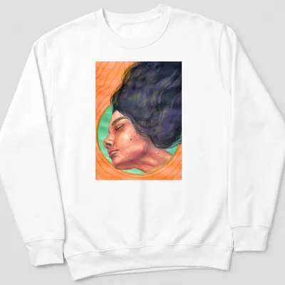 Watercolor portrait of a surreal woman with the word 'Stillness' in orange and green hues. — printed on a unisex sweatshirt