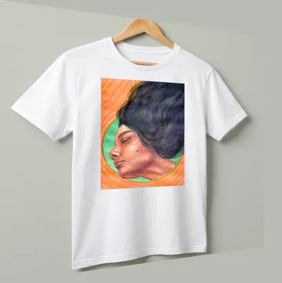 Watercolor portrait of a surreal woman with the word 'Stillness' in orange and green hues. — printed on a unisex t-shirt (angled view)