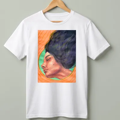 Watercolor portrait of a surreal woman with the word 'Stillness' in orange and green hues.