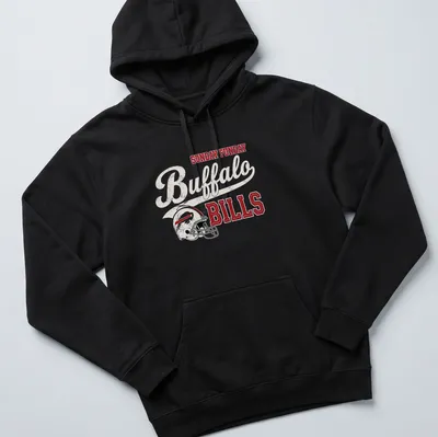 Bold vintage Buffalo Bills football helmet T-shirt with playful text — printed on a unisex hoodie
