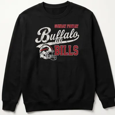 Bold vintage Buffalo Bills football helmet T-shirt with playful text — printed on a unisex sweatshirt