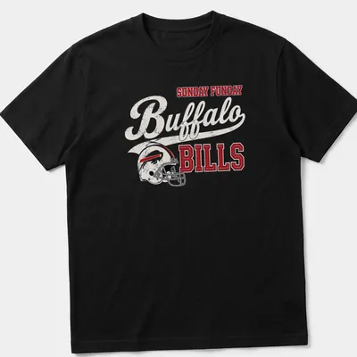 Bold vintage Buffalo Bills football helmet T-shirt with playful text