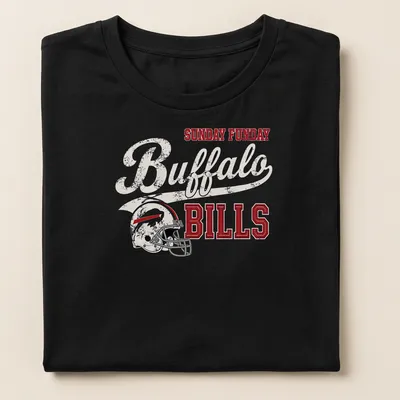 Bold vintage Buffalo Bills football helmet T-shirt with playful text — printed on a women's shirt