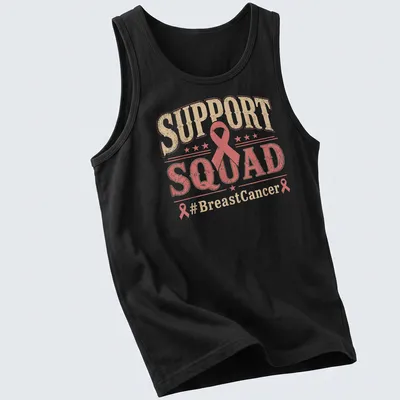 Vintage distressed Support Squad Breast Cancer Awareness T-shirt with pink ribbon graphic — printed on a tank top