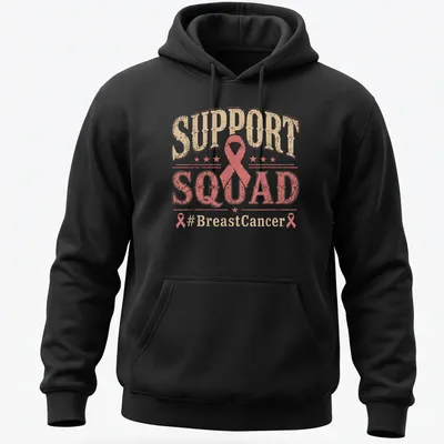 Vintage distressed Support Squad Breast Cancer Awareness T-shirt with pink ribbon graphic — printed on a unisex hoodie