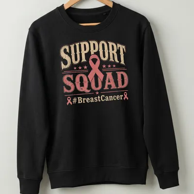 Vintage distressed Support Squad Breast Cancer Awareness T-shirt with pink ribbon graphic — printed on a unisex sweatshirt