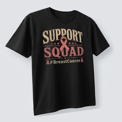 Vintage distressed Support Squad Breast Cancer Awareness T-shirt with pink ribbon graphic — printed on a unisex t-shirt (angled view)
