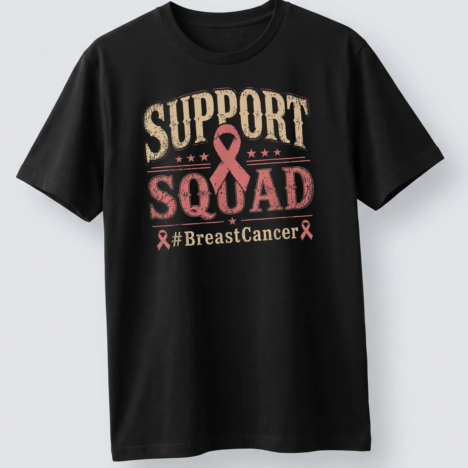 Vintage distressed Support Squad Breast Cancer Awareness T-shirt with pink ribbon graphic — printed on a unisex t-shirt