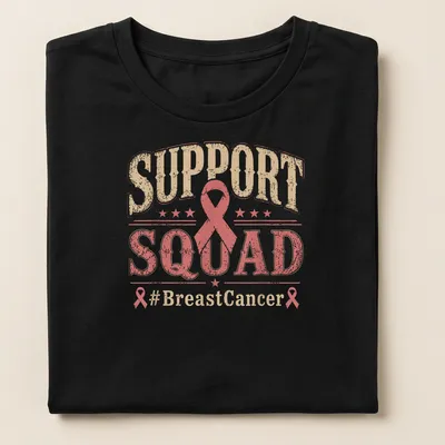Vintage distressed Support Squad Breast Cancer Awareness T-shirt with pink ribbon graphic — printed on a women's shirt