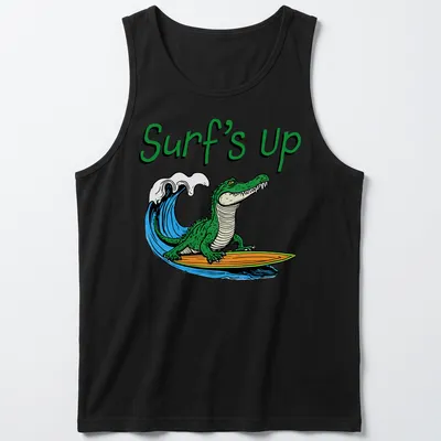 Cartoon alligator surfing with colorful text reading Surf's Up — printed on a tank top