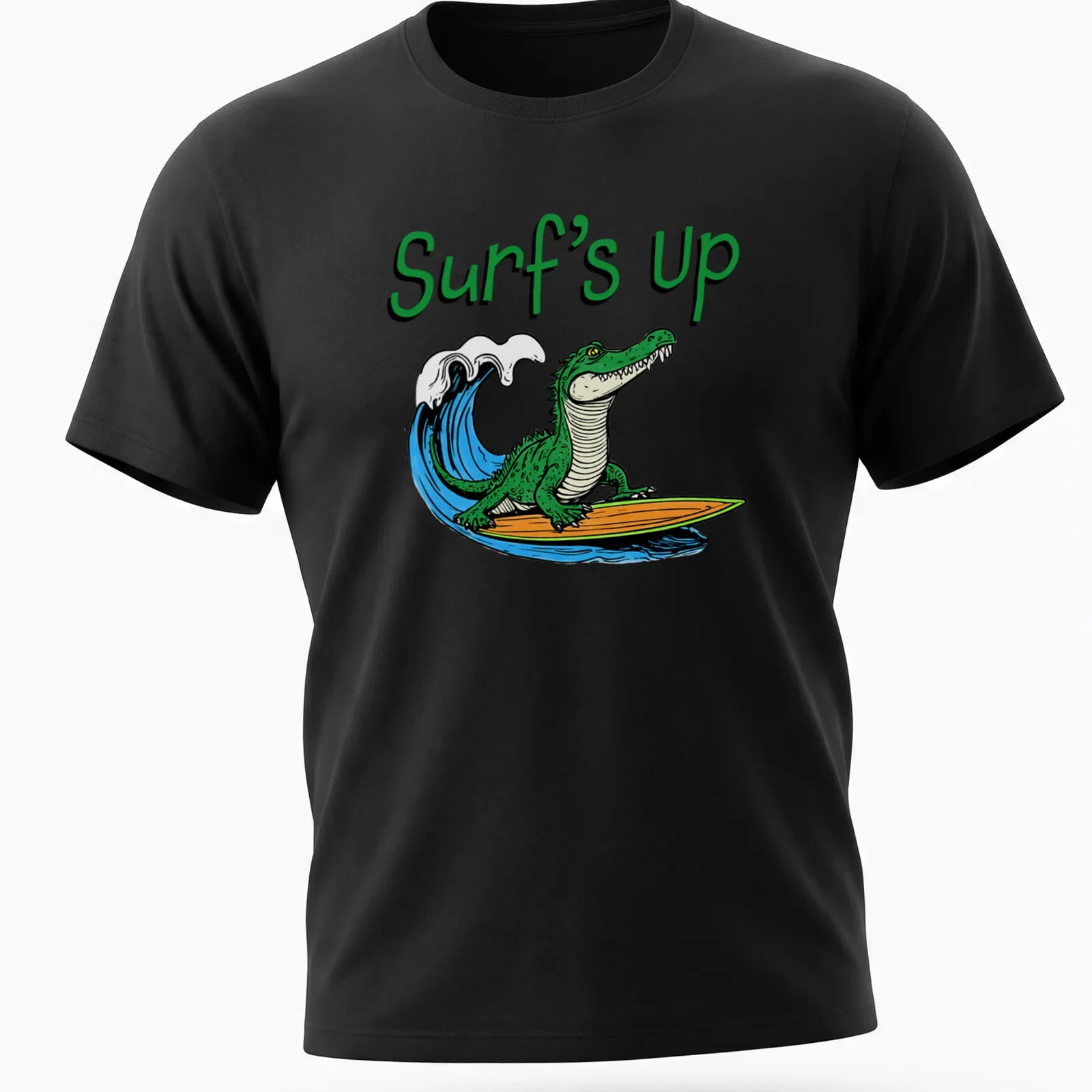 Cartoon alligator surfing with colorful text reading Surf's Up — printed on a unisex t-shirt