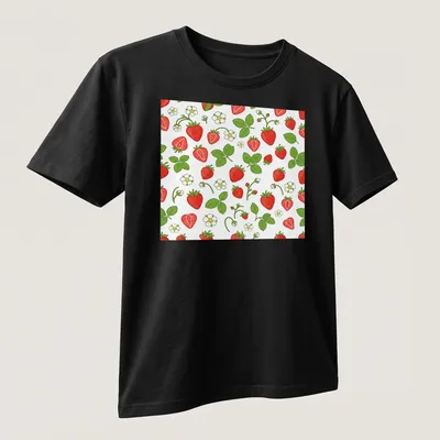 Cute cartoon print of red strawberries pattern on white background — printed on a unisex t-shirt (angled view)