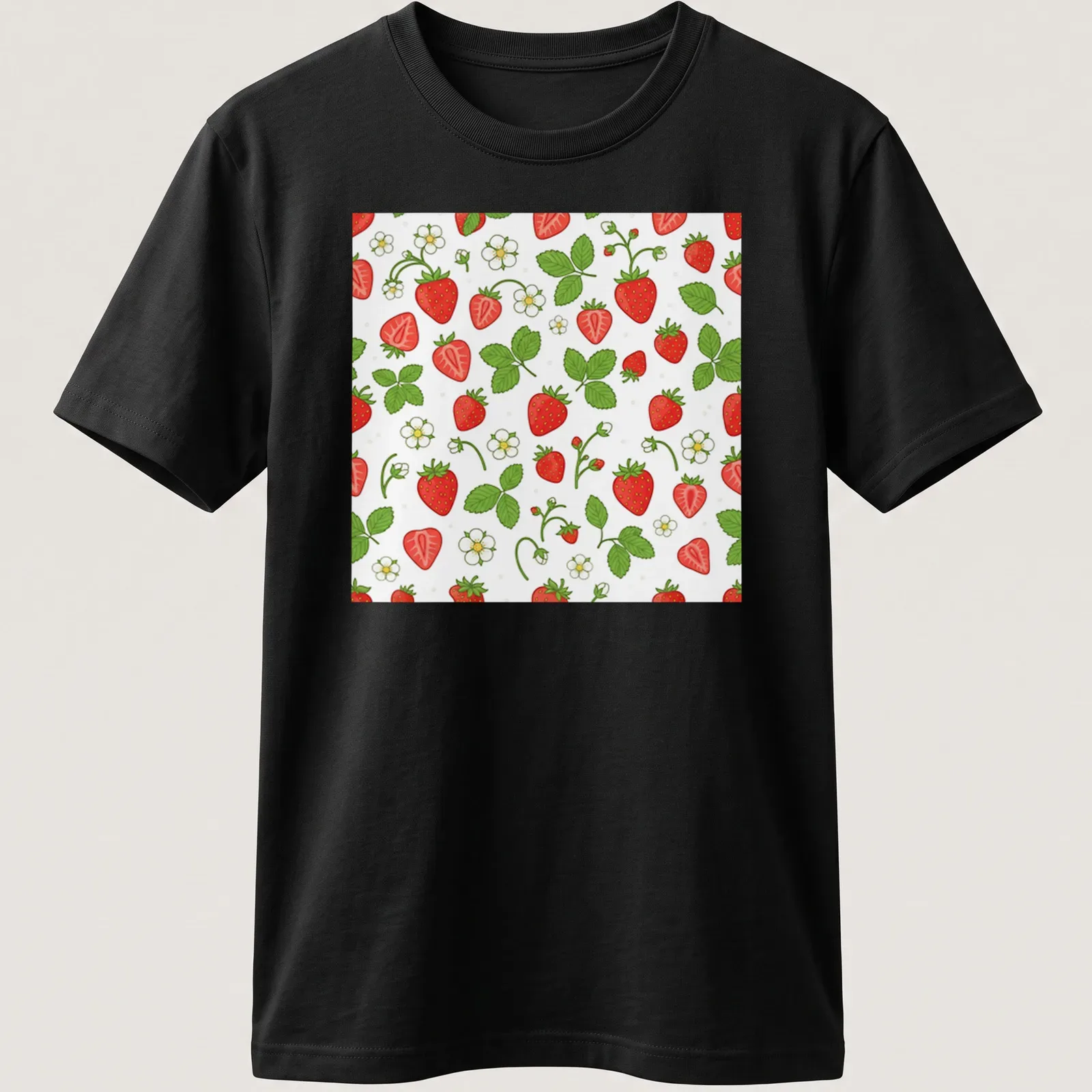 Cute cartoon print of red strawberries pattern on white background — printed on a unisex t-shirt