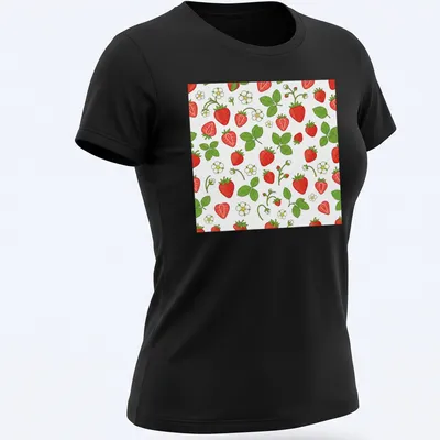 Cute cartoon print of red strawberries pattern on white background — printed on a women's shirt