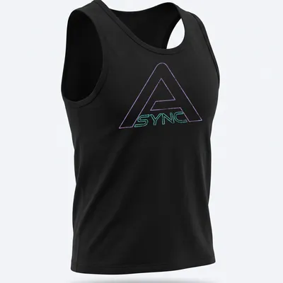 Distressed SYNC logo in neon purple, aqua, and white on a — printed on a tank top