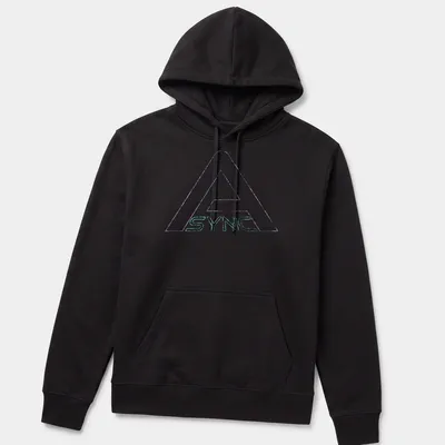 Distressed SYNC logo in neon purple, aqua, and white on a — printed on a unisex hoodie